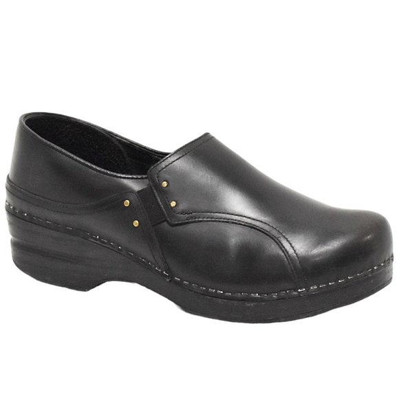 Dansko "Phoebe" Black Elastic Pull-on Leather Professional Clogs - Picture 2 of 11